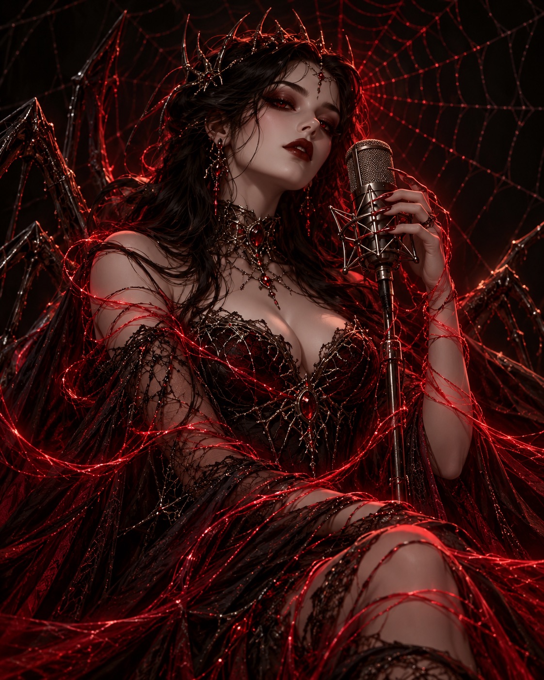 Karmakaze — a crimson-lit figure wrapped in spider silk and shadow